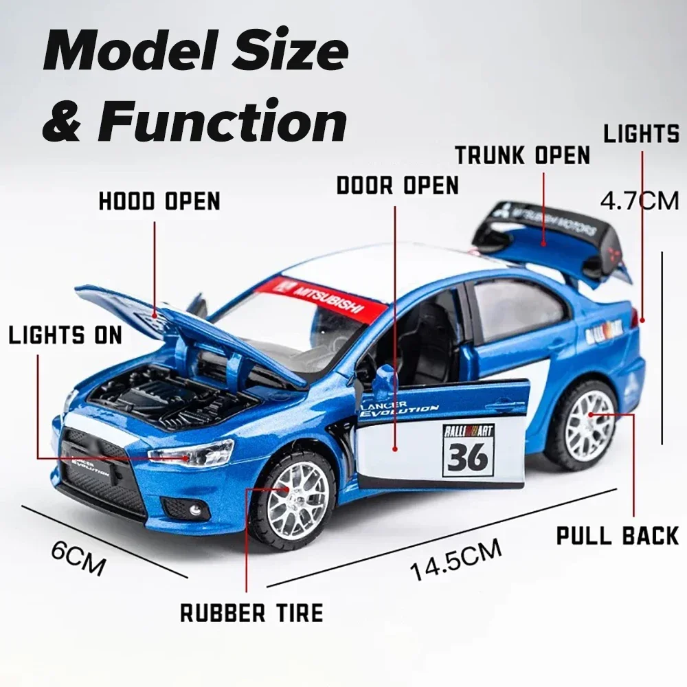 Фото Металлическая литая модель автомобиля Lancer Evolution в масштабе 1/32 с оттягивающим звуком №5