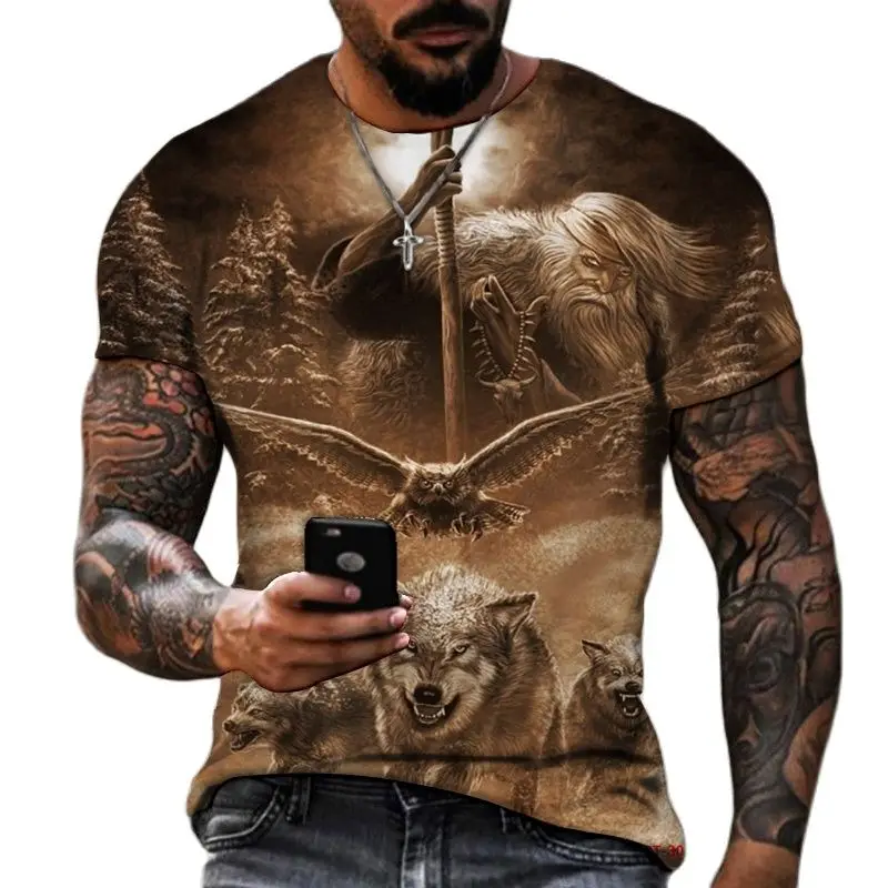Фото Kaus 3D Lion Fighting Binatang Buas Singa Ganas Serigala Musim Panas Bar Pria Ukuran Lengan Pendek Hitam dan Putih №4