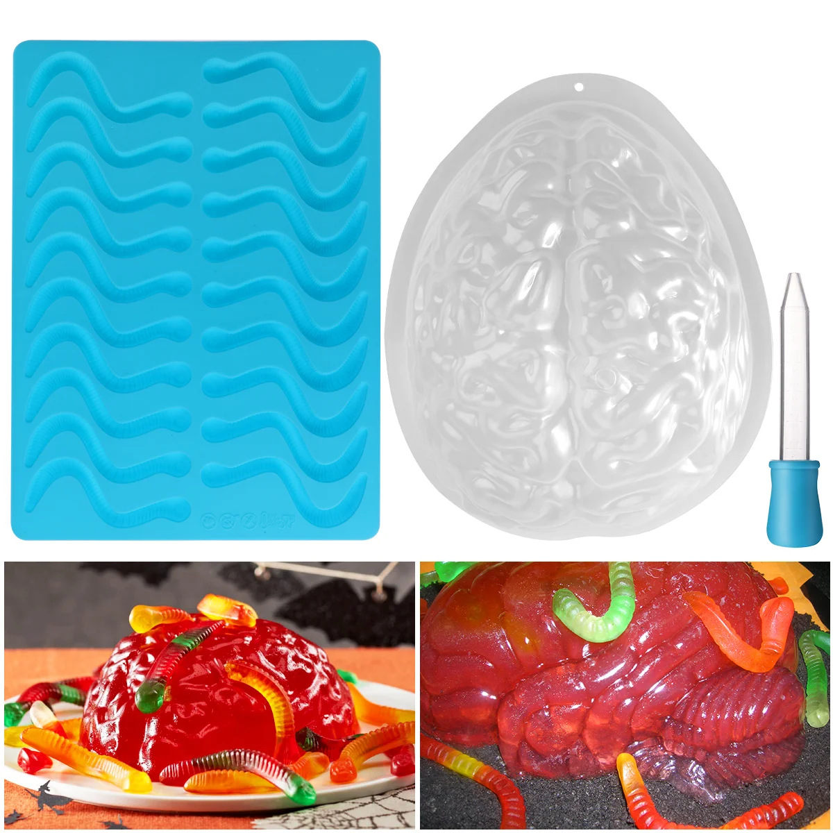 BESTONZON Хэллоуин Brain Set Gummy Worm силиконовые формы гелатин для мозга Хэллоуин гератин для мозга