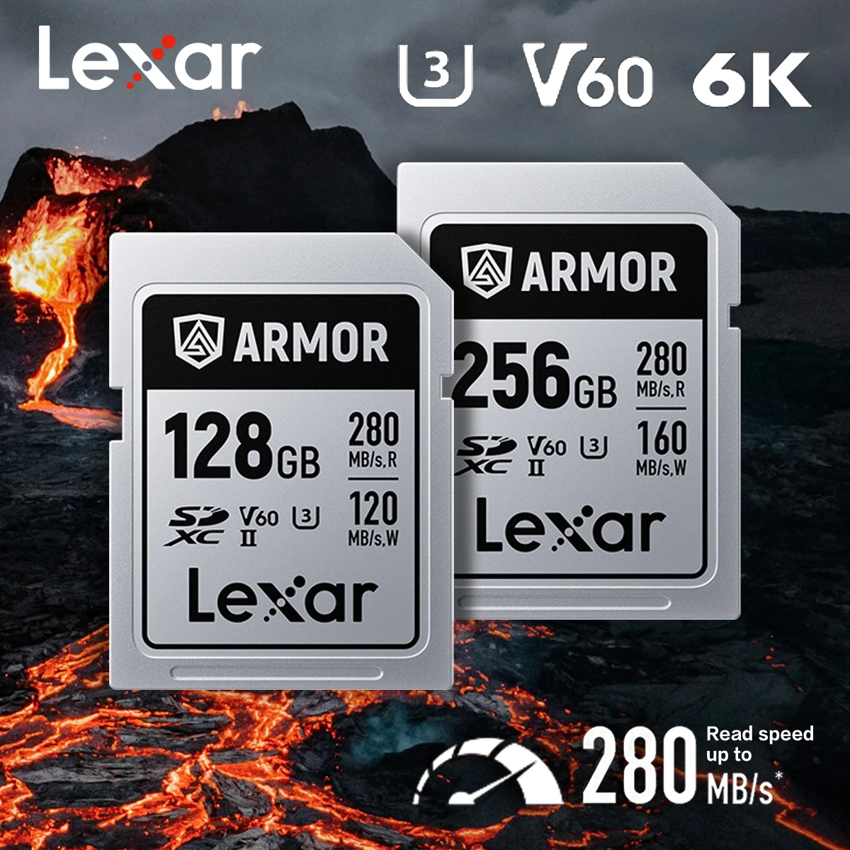 100% оригинальная SD-карта Lexar ARMOR 128 ГБ 256 ГБ Высокоскоростная 280 МБ/с V60 U3 6K Armor Silver Pro SDXC UHS-II Карта памяти для камеры