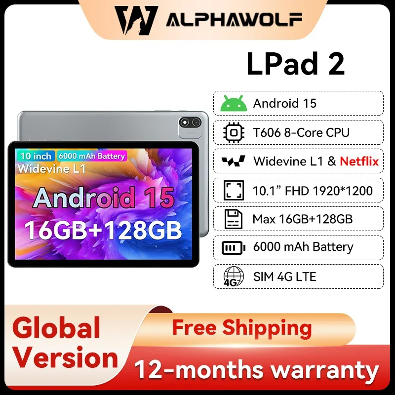 Alphawolf LPad2 Android 15 Wi-Fi планшет 10 дюймов 1920*1200 FHD 16 ГБ + 128 ГБ Widevine L1 2,4G/5G Wi-Fi + BT5.0 Android планшет 6000 мАч
