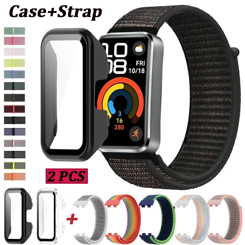 Нейлоновый ремешок + чехол для ПК для Huawei Band 10 HD, защитный чехол из закаленного стекла Huawei Band 10 9 8, удобный браслет-браслет