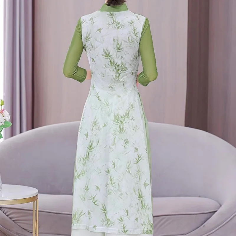 Фото Летний женский традиционный вьетнамский костюм Cheongsam с восточным принтом, банкетное вечернее платье, танцевальные костюмы для выступлений на сцене №4