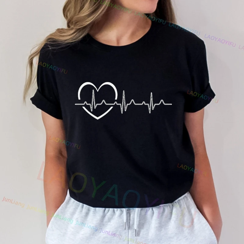 Фото Женские футболки с короткими рукавами Love Heartbeat, женская модная одежда, топы с принтом, футболки с графическим рисунком, мужская одежда унисекс №5