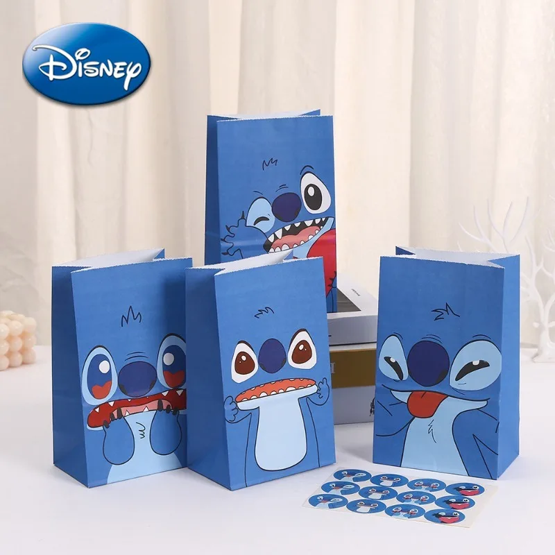 Бумажный пакет Disney Lilo and Stitch, милые кавайные мультяшные аниме-фигурки, печатная крафт-бумага, подарочный пакет на день рождения, синяя сумка для еды