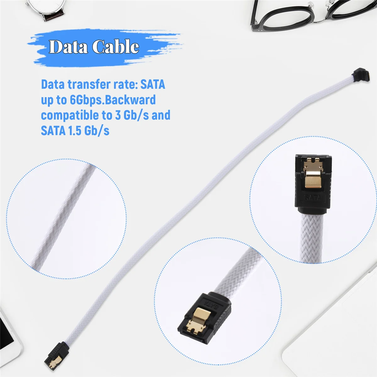 7-контактный кабель для передачи данных SATA 3,0 III SATA3, 50 см, под прямым углом, 6 Гбс, кабели SSD, шнур для жесткого диска с нейлоновой втулкой (белый) (art.: 3920c87b8f7ae) - 3920c87b8f7ae
