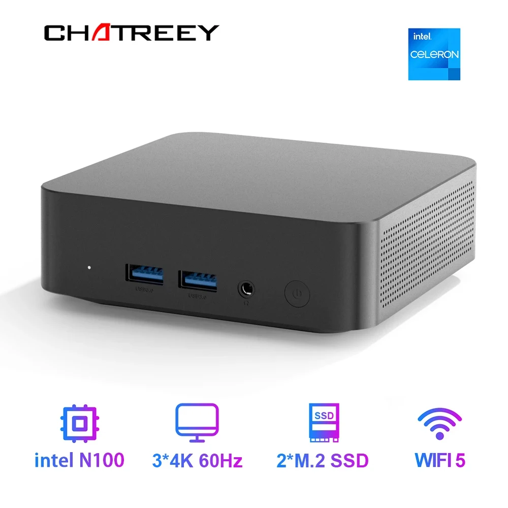 Мини-ПК Chatreey T9, Intel Alder Lake N100, Windows 11, ультрамаленький карманный компьютер, двойной SSD, полнофункциональный Type-C, 4K, 60 Гц, RGB