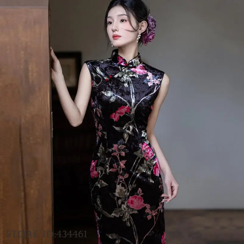 Традиционное китайское платье, женское длинное платье Cheongsam, винтажное классическое велюровое платье Ципао макси, сексуальное платье с цветочным принтом, этнический костюм Этническая одежда