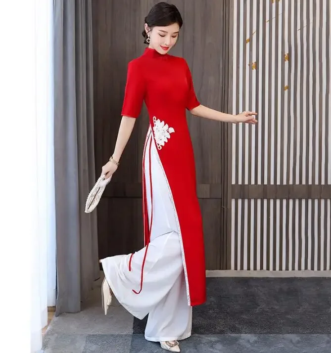 Красный Вьетнам Ao dai женское платье летний костюм Cheongsam включает брюки винтажный длинный чипао