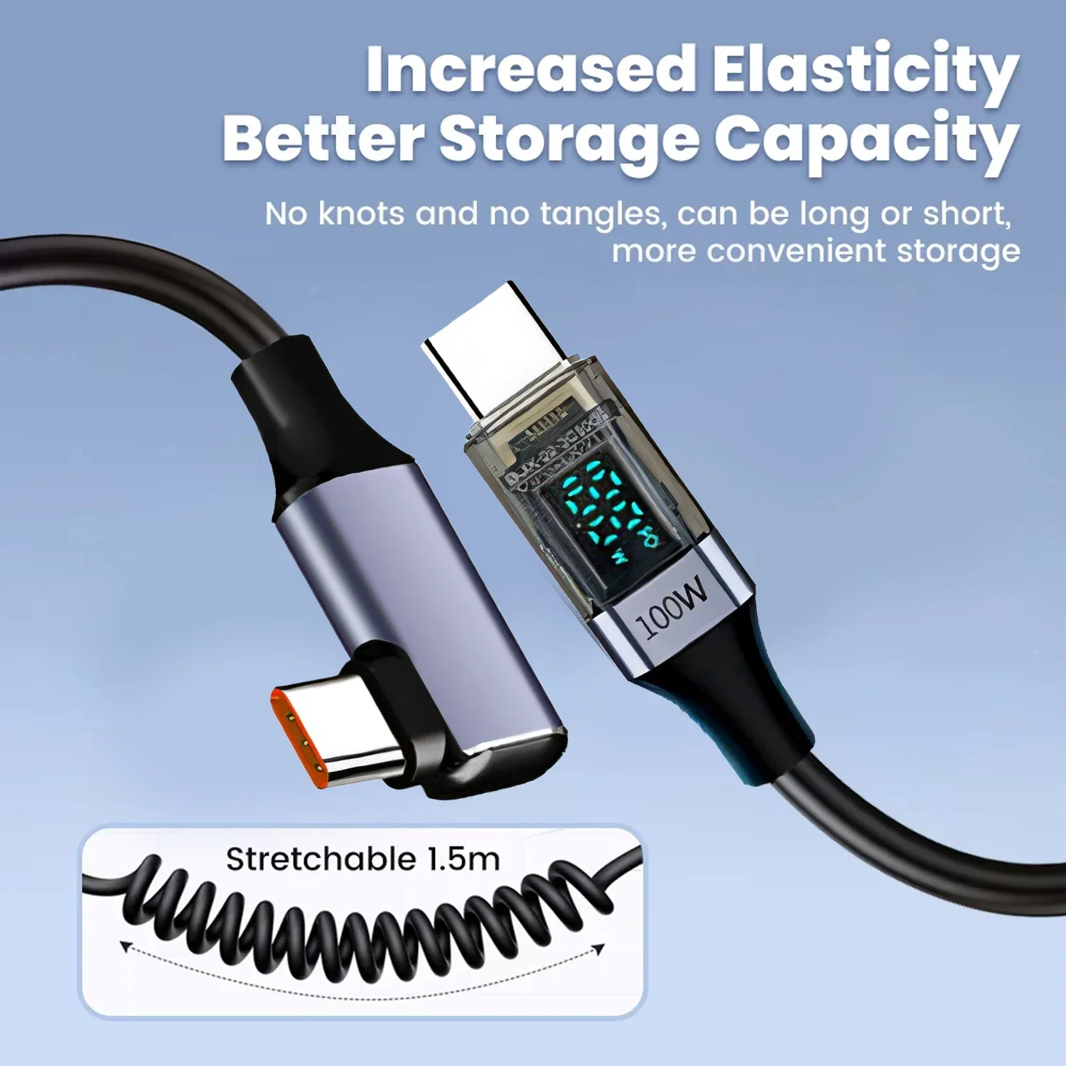 Фото Спиральные кабели USB C до Type-C под прямым углом, 100 Вт PD, шнур для быстрой зарядки передачи данных для IPhone 16 15 ProMax Samsung, пружинный провод №2