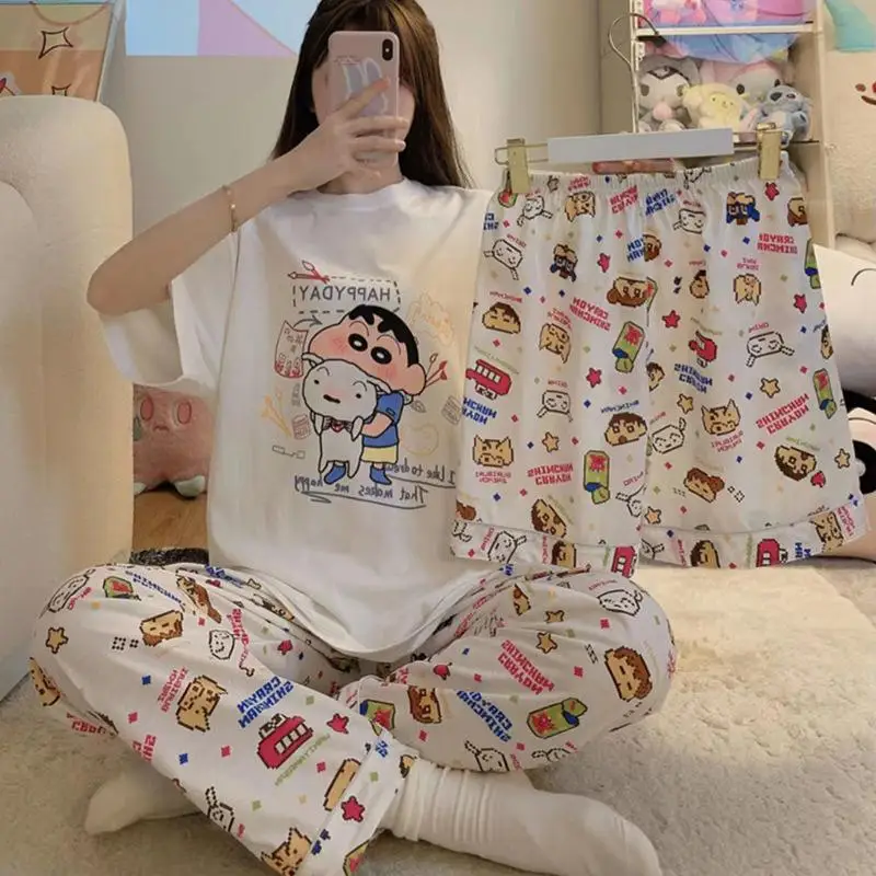 Новинка милые пижамы Kawaii Crayon Shin Chan из трех частей с коротким рукавом слинг для студентов Досуг Мультфильм Аниме модный подарок на день рождения для девочек