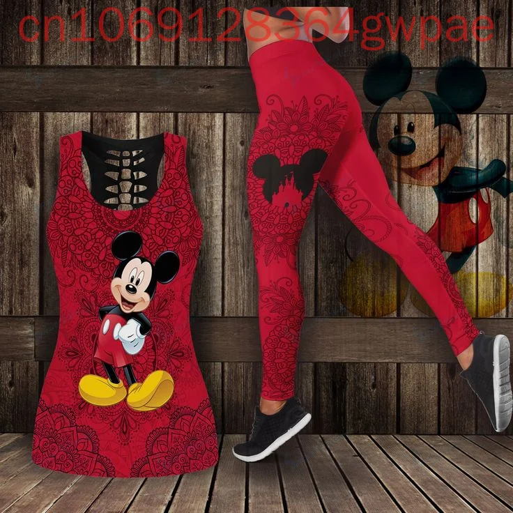 Женский полый майка Disney с Микки Маусом, комплект для йоги, летние леггинсы для фитнеса, спортивный костюм, майка с вырезом, комплект леггинсов (art.: 3920cd704bfb6) - 3920cd704bfb6