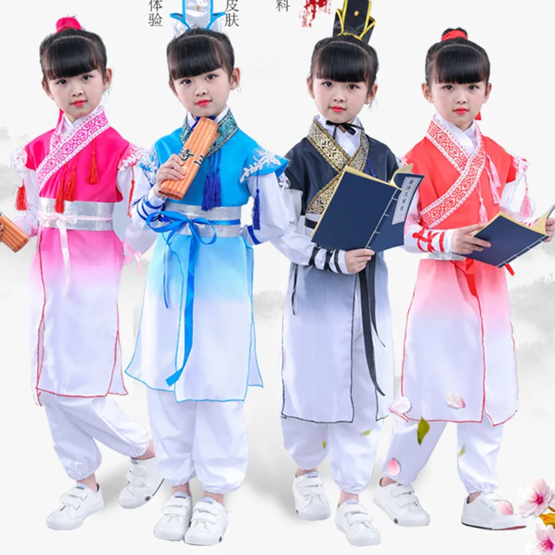 Фото Китайский костюм для детей, фольклорная одежда Wushu, традиционная китайская танцевальная сцена с китайской династией Цин №1