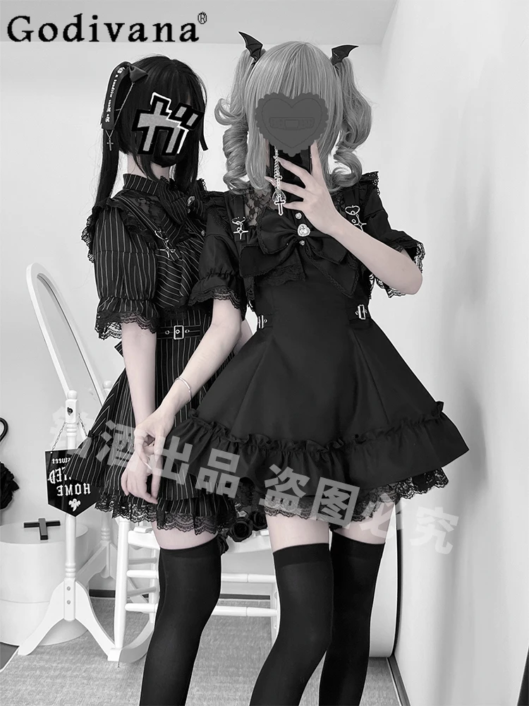 Y2K Subculture Mass-produced Mine Series Lo Dress Sets Летний женский милый кружевной топ с бантом в готическом стиле с короткими рукавами + шорты Комплект из 2 предметов