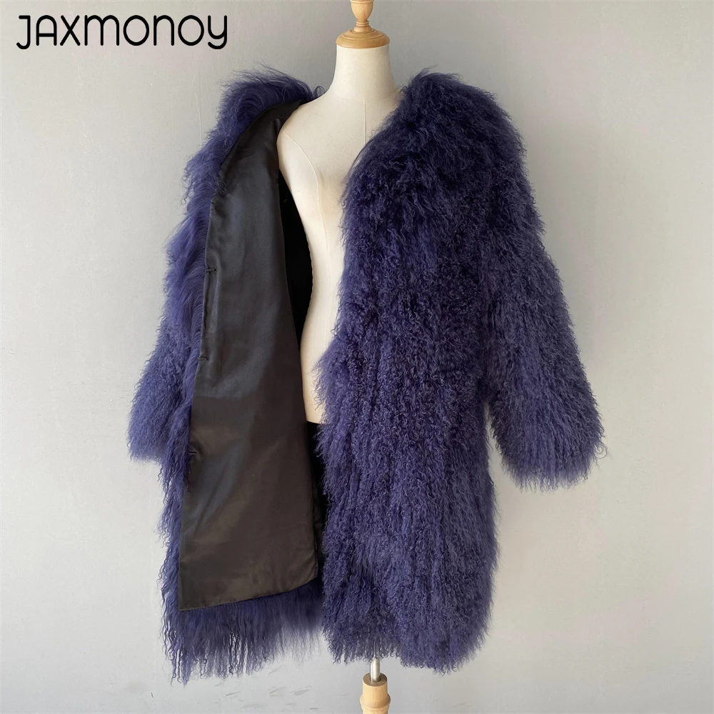 Фото Женская Шуба из натурального меха Jaxmonoy, зимняя куртка из натурального меха монгольской овцы, осенняя модная теплая однотонная женская верх... №2