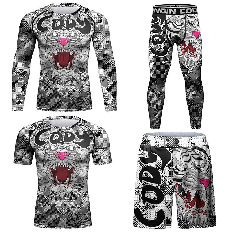 Фото Дешевые Новые мужские футболки и брюки Jiu Jitsu Rashguard, костюм для смешанных боевых искусств, шорты BJJ Gi Muay Thai, компрессионная рубашка для смешанных боевых искусств, кикбоксинг №2