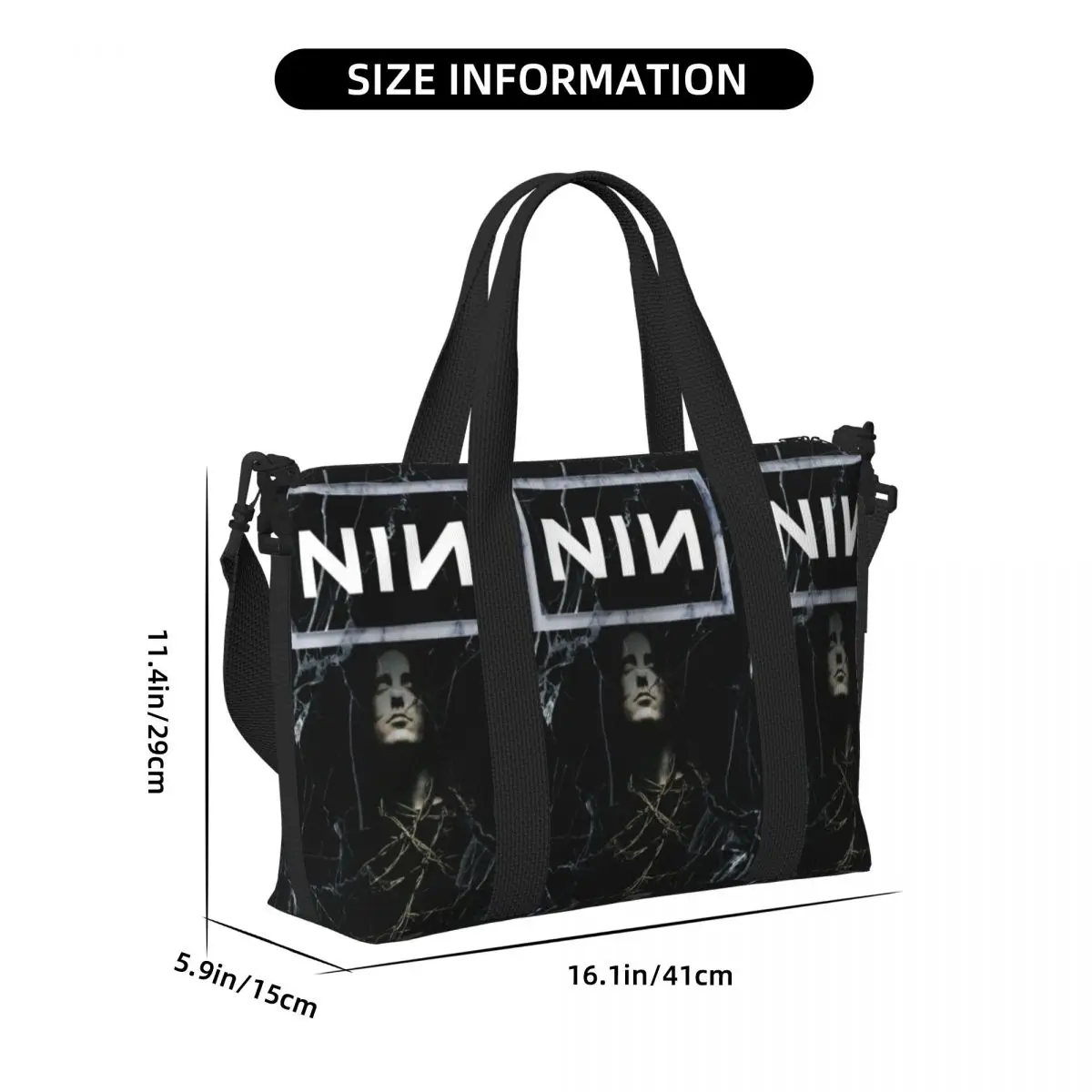 Фото NIN Nine Inch Naills Rock Band Пляжная дорожная сумка Большая вместительная сумка-тоут для тренажерного зала Йога Женская дорожная сумка для покупок №3