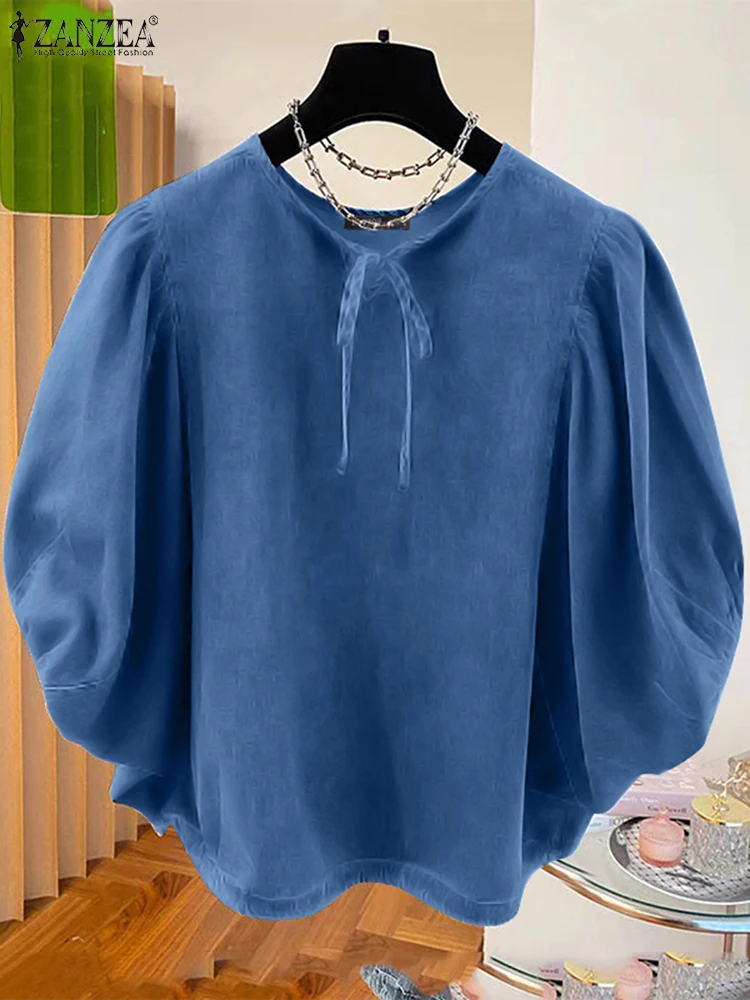 Повседневная свободная блузка с завязками на подоле Blusas ZANZEA, женская однотонная блузка, модные топы с рукавами «летучая мышь» 3/4, осень 2024, синие туники с круглым вырезом