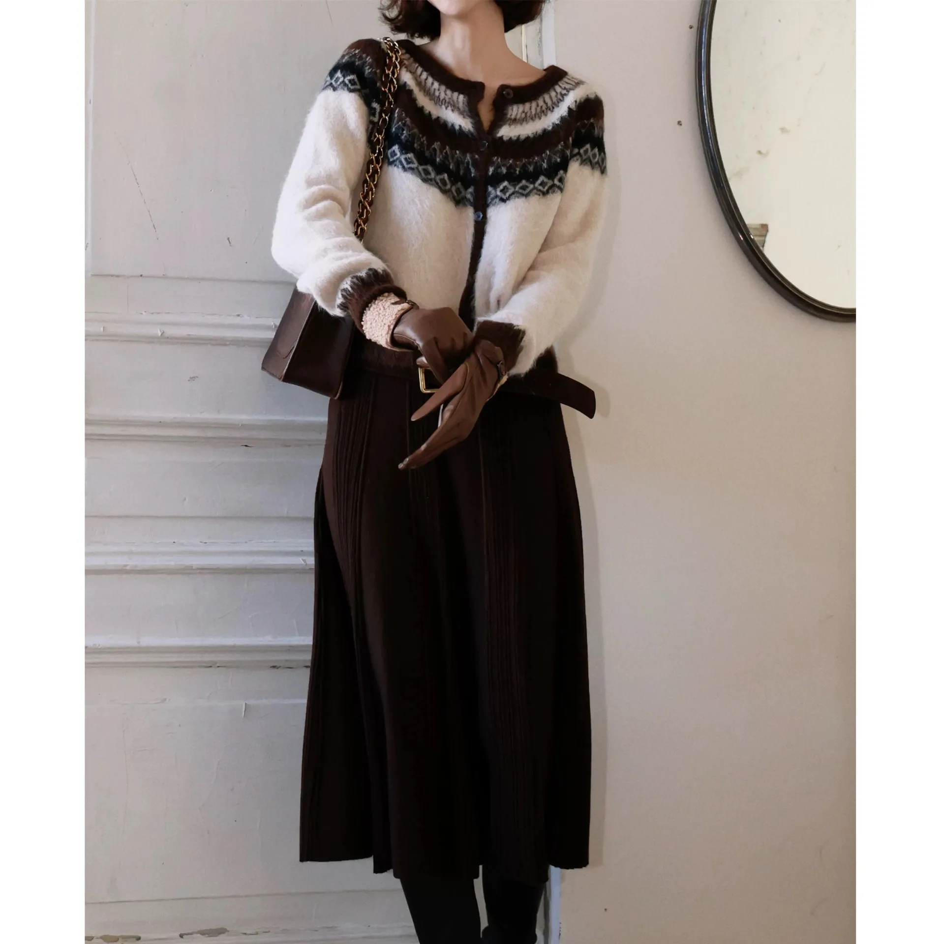 Фото UMI MAO Old Money Style Fair Isle Альпака Шерсть Круглый вырез Вязаный кардиган Топ Женский осенне-зимний утягивающий свитер пальто №2