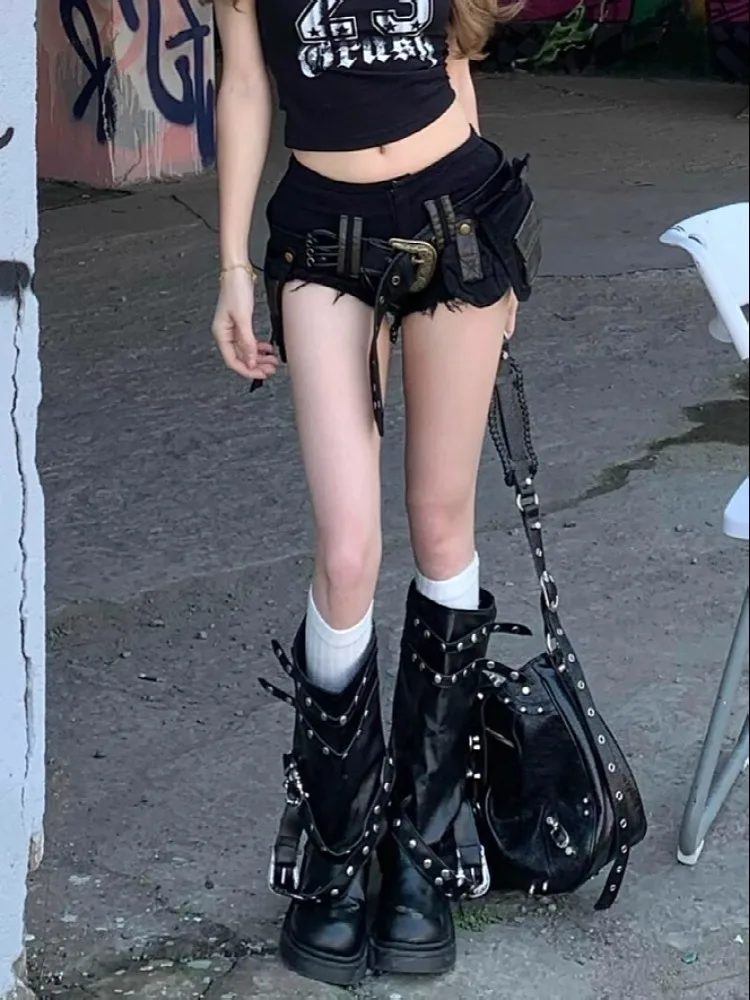Фото Женские брюки Y2K с низкой талией для спецодежды Millennium Sle Spicy Girl с поясом Bule Distred Denim orts Classic American Retro №3