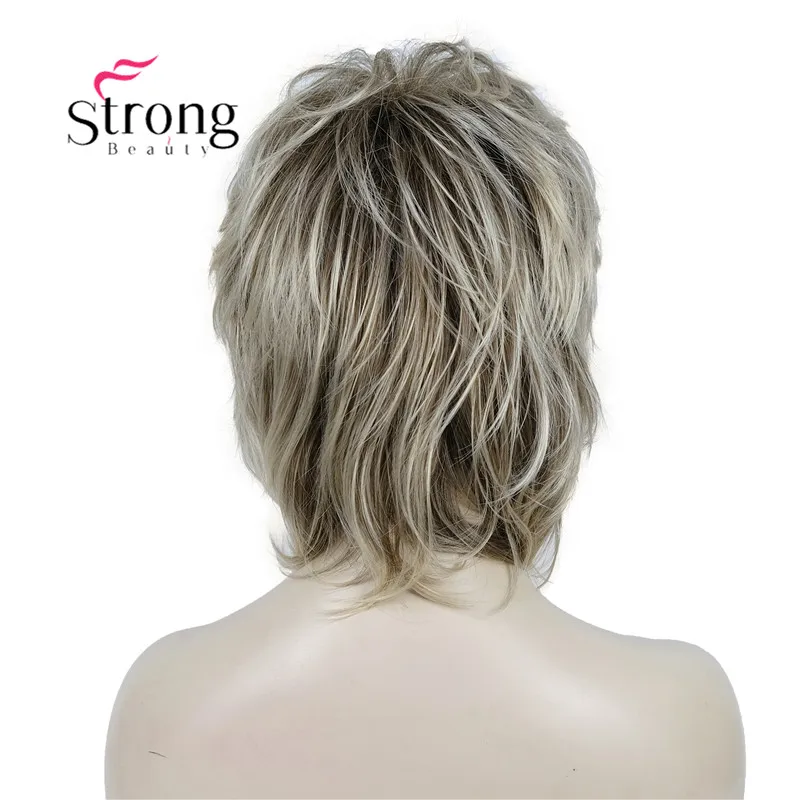 Фото StrongBeauty Lady Ombre Блондинка с темным корнем Короткие каскадные слои Полный парик Парики из синтетических волос для женщин №4