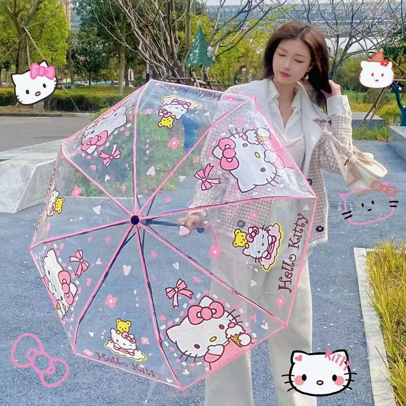 Фото Кавайная Sanrio Kartun Hello Kittys Cinnamoroll Payung прозрачная помада Otomatis Pegangan Panjang Siswa №4