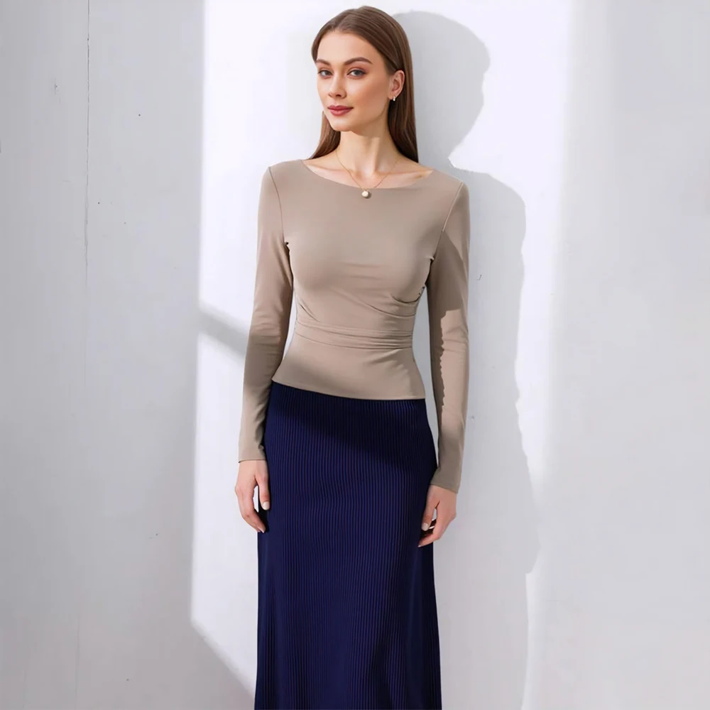 Фото Женские осенние базовые однотонные однотонные однотонные футболки Mia Muse с длинными рукавами и круглым вырезом, элегантные облегающие футболки Mia Muse №2
