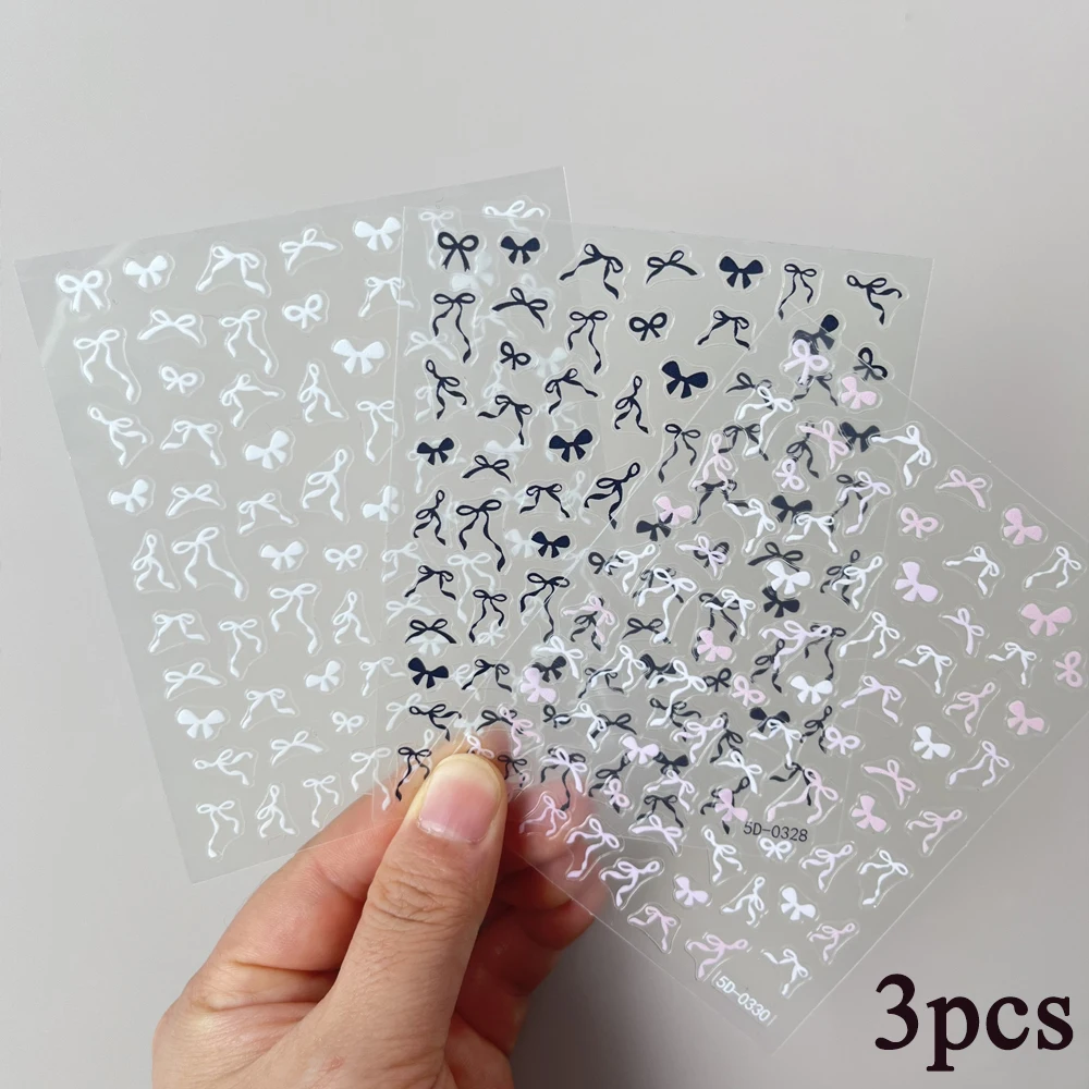 3 шт. 3D лента с бантом, наклейки для ногтей, черные + розовые + белые кружевные ленты с бантом, наклейки для дизайна ногтей, самоклеящиеся весенние украшения для маникюра