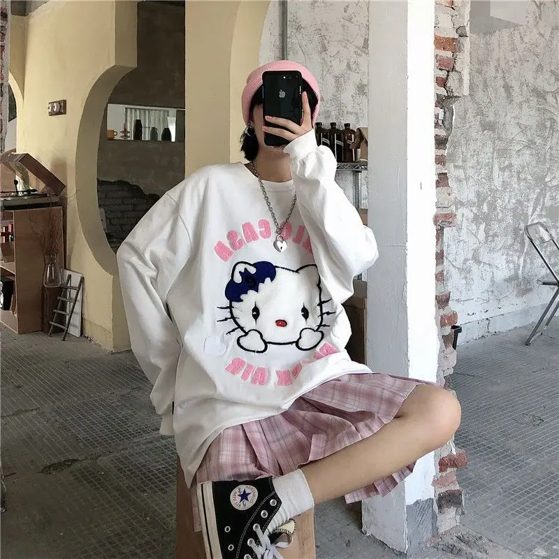 Фото Футболка Sanrio с длинными рукавами в стиле Харадзюку, милый Свободный Топ с 3D вышивкой Hellokitty для студентов, подарок для пары с короткими рукавами №3