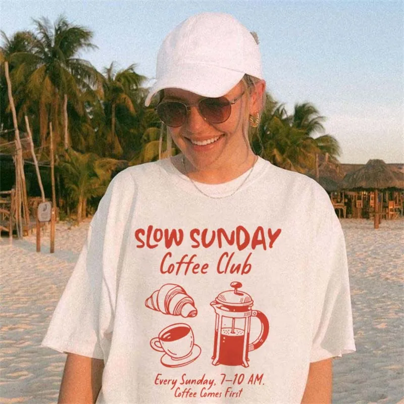Футболка с изображением французской выпечки Slow Sunday Coffee Club, обычная женская футболка с круглым вырезом и коротким рукавом, базовая уличная женская футболка с героями мультфильмов