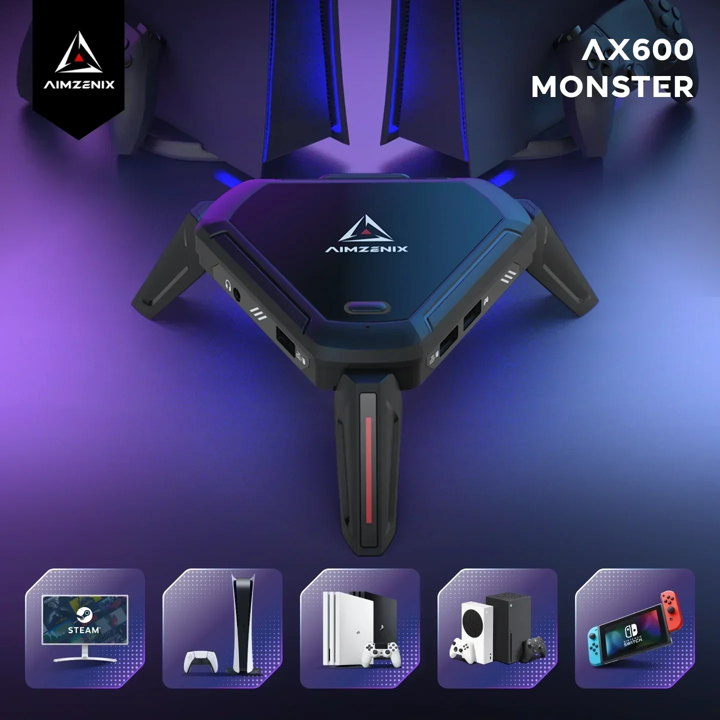 Игровой адаптер Aimzenix Ax600 K&m для Ps5, Ps4, Xone, X360, Xss, Xsx, N-переключателя, поддерживает наушники 3,5 мм, приложение Портативное аудио и видео