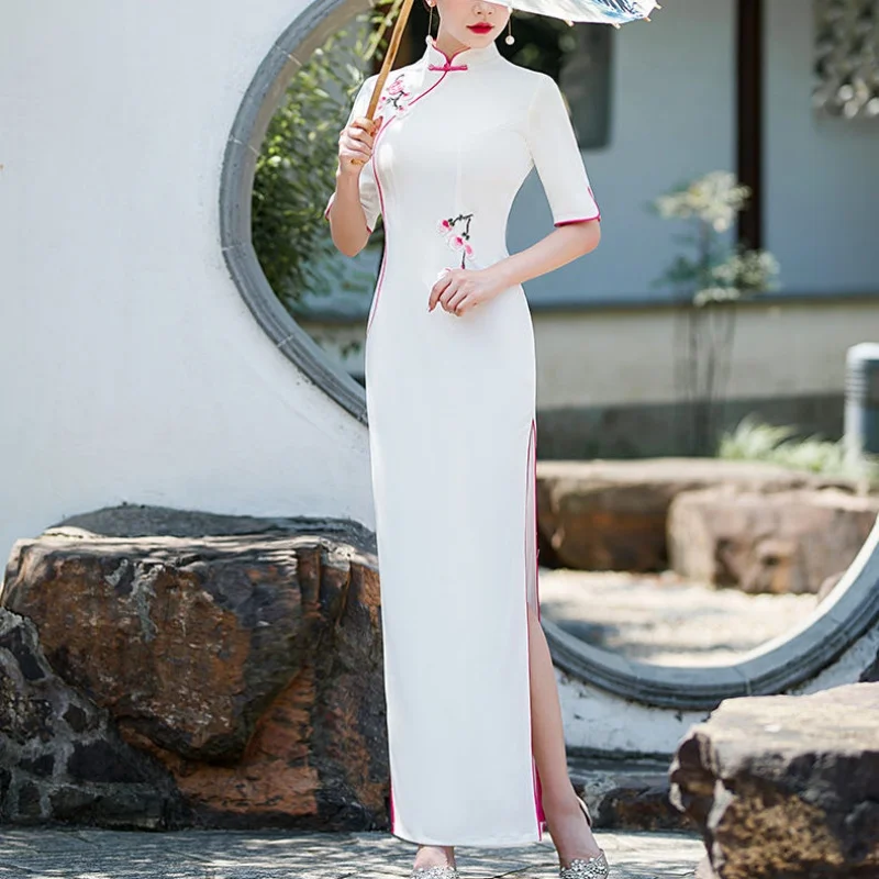 Фото Женское вьетнамское платье Aodai с коротким рукавом, восточная цветочная вышивка, вечерние Cheongsam, сценический танцевальный костюм №4