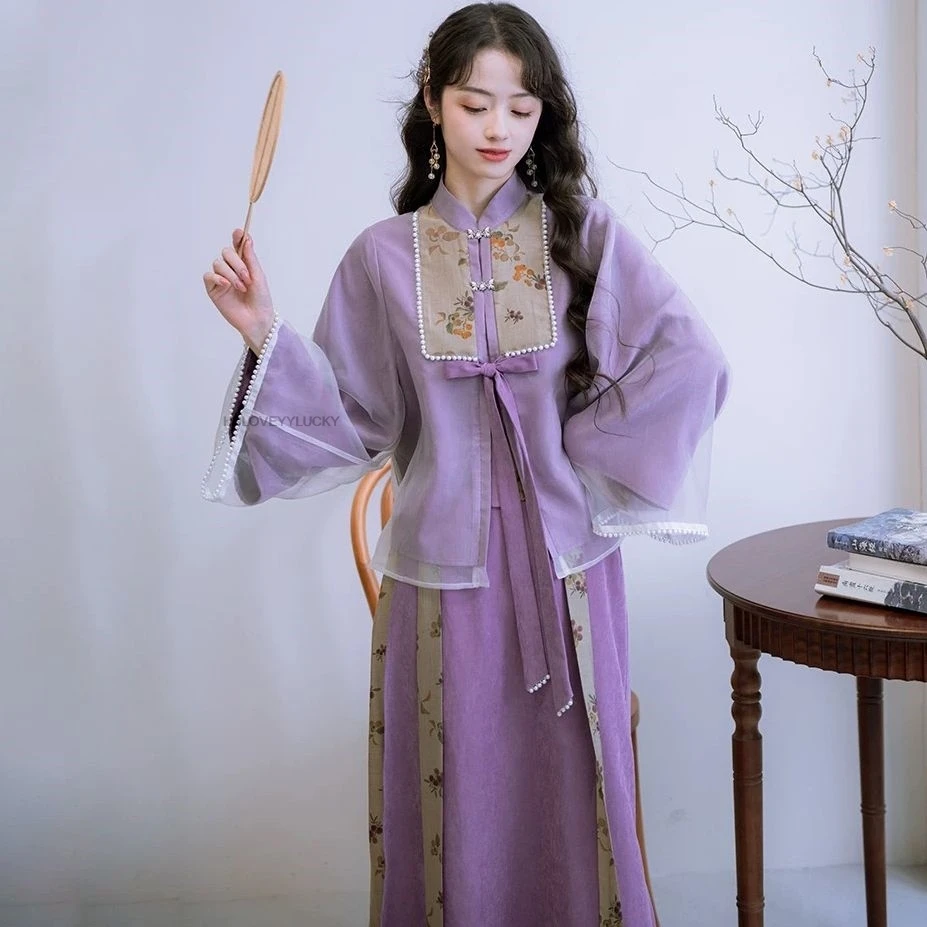 Фото Spring And Summer Chinese Song Dynasty Improved Hanfu Women Top Women Gental Long-sleeve Top And Half Skirt two-piece Purple Set №2