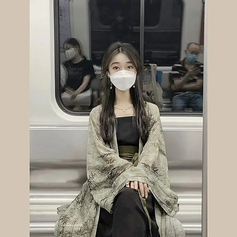 Фото Новый китайский стиль Hanfu, женский свободный костюм династии ханьфу из 2 частей, кимоно, Винтажный Зеленый костюм ханьфу №4