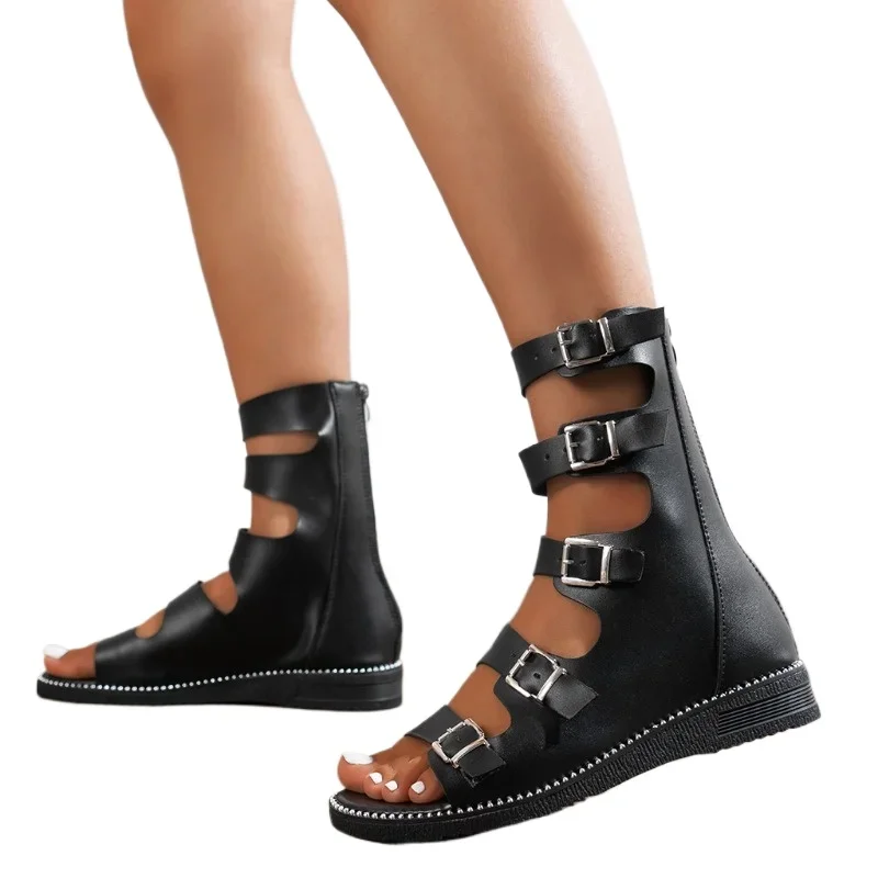 Фото Сандалии De Punta Abierta Para Mujer, Zapatos De Gladiador Planos Con Cremallera Trasera Romana, Informales Para Exteriores, №5