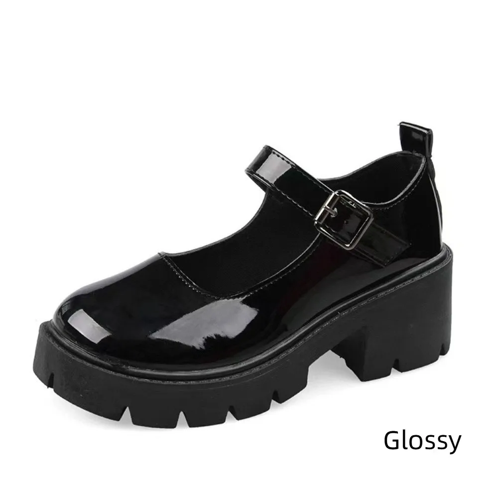 Фото Mary Janes Lolita JK Кожаные туфли из искусственной кожи с пряжкой на щиколотке Повседневные одинарные туфли Глянцевая/матовая платформа Черные туфли на высоком каблуке Женские туфли №5