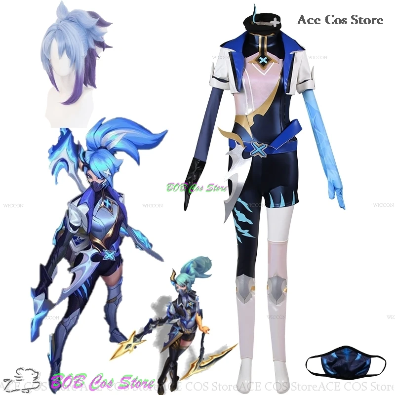 LOL Akali Косплей Костюм Парик Кожа Синее Платье Игра Rogue Assassin Legends Косплей Одежда Униформа Хэллоуин Вечеринка Ролевая Игра
