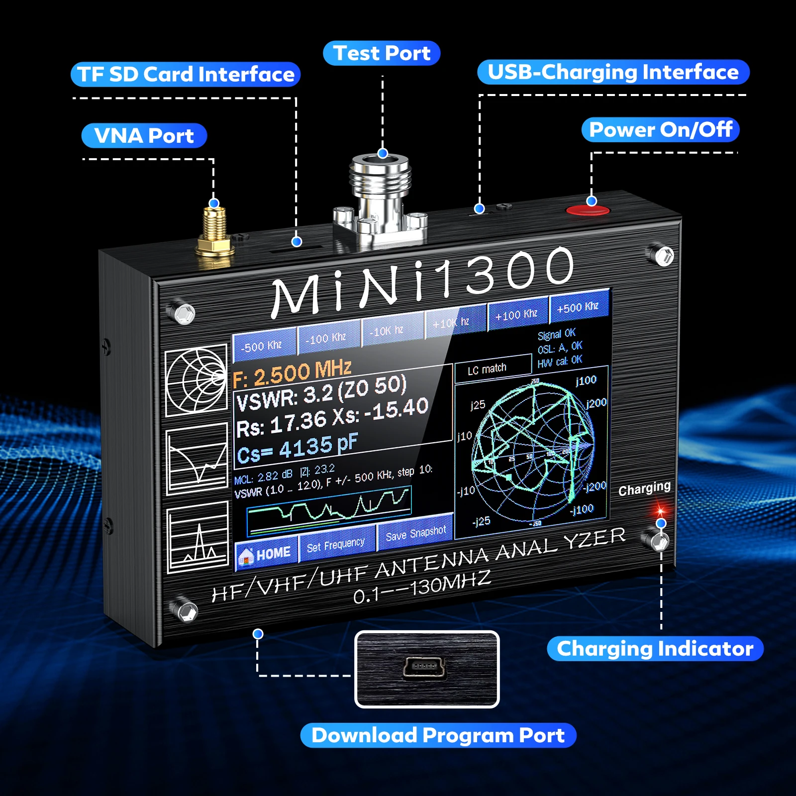 Фото 2024 обновленный анализатор антенны Mini1300 0,1 МГц ~ 1300 МГц с комплектами калибровки SMA, Векторный анализатор сети, мультитестер №2