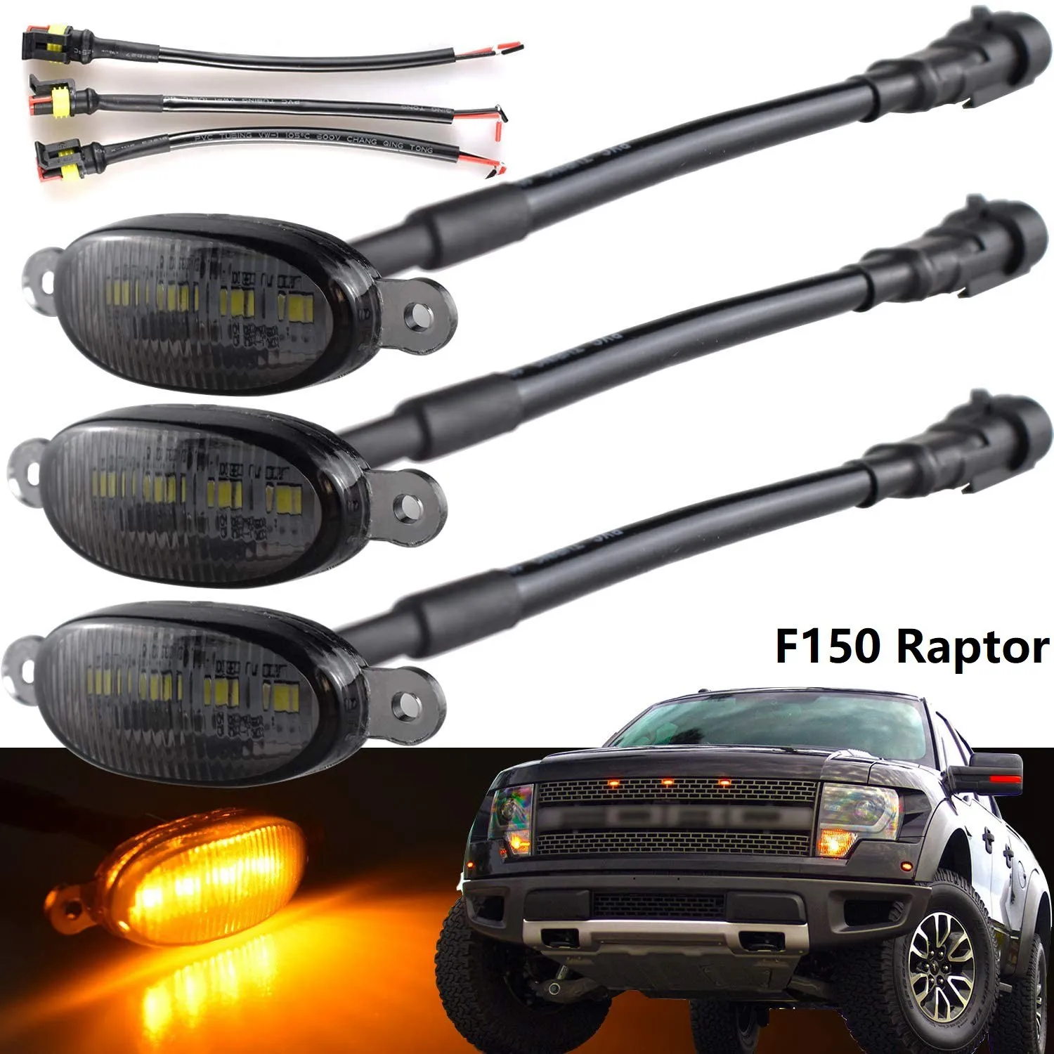 Фото Передние габаритные огни для Ford Raptor F150 решетки 2010-2014 и 2017-2021, дымчатые линзы желтого цвета, фонари для парковки/бега, желтого цвета №2
