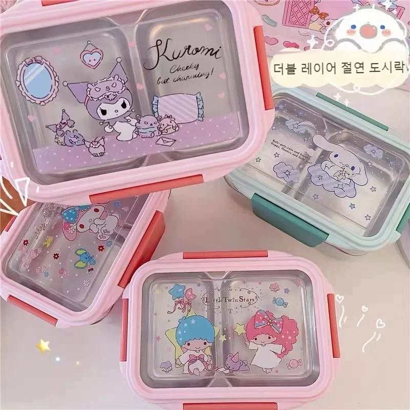 Милая двухслойная Ланч-бокс Sanrio Kuromi Bento с изоляцией из нержавеющей стали для риса, антиожогов, столовая посуда Cinnamoroll