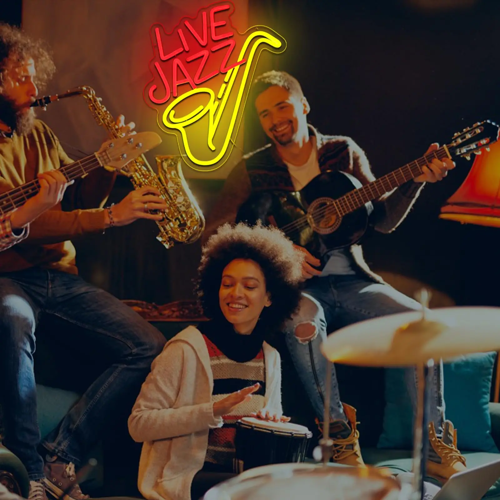 Фото Неоновая вывеска Live Jazz для стены бара — винтажное окружающее освещение — USB/вилка с регулируемой яркостью — Декор для джазового клуба и кафе №4