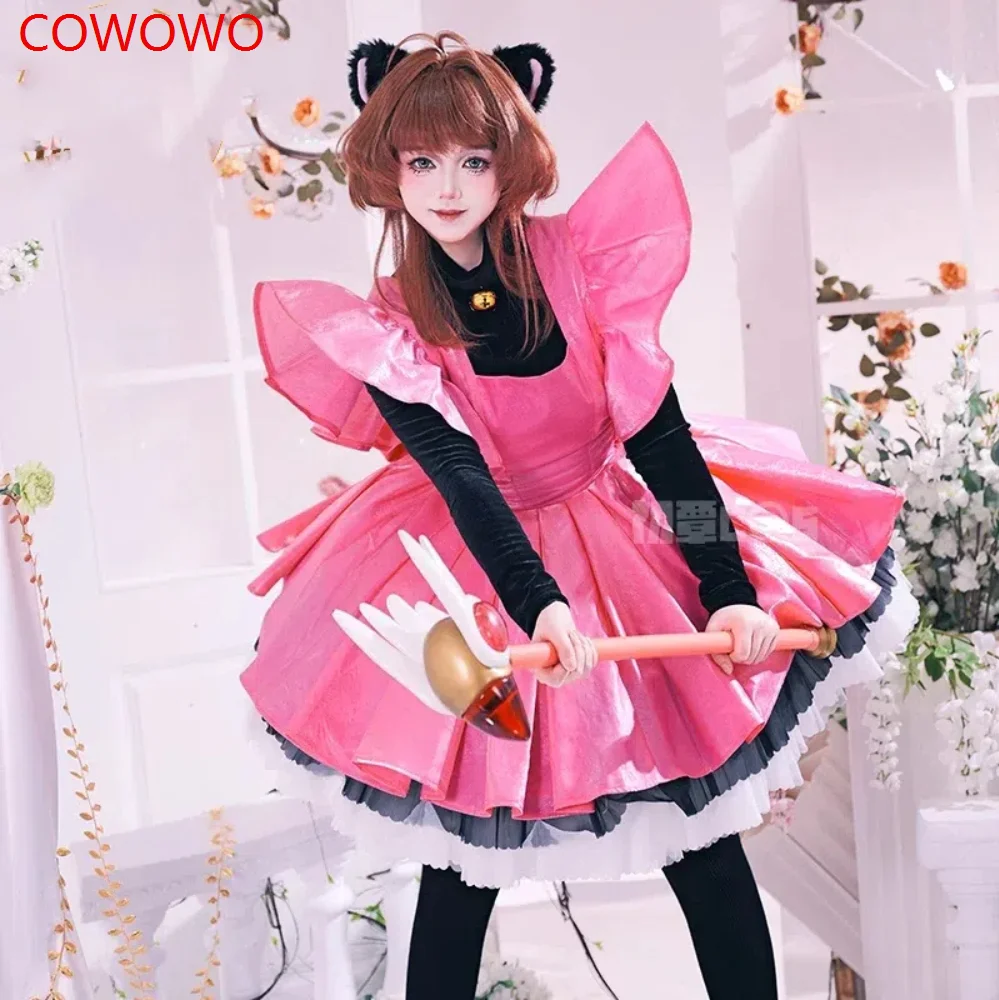 COWOWO Kinomoto Sakura Косплей Костюм Аниме Card Captor Sakura Женское Хэллоуин Милое Черно-Розовое Платье THE THUNDER Ears Tail