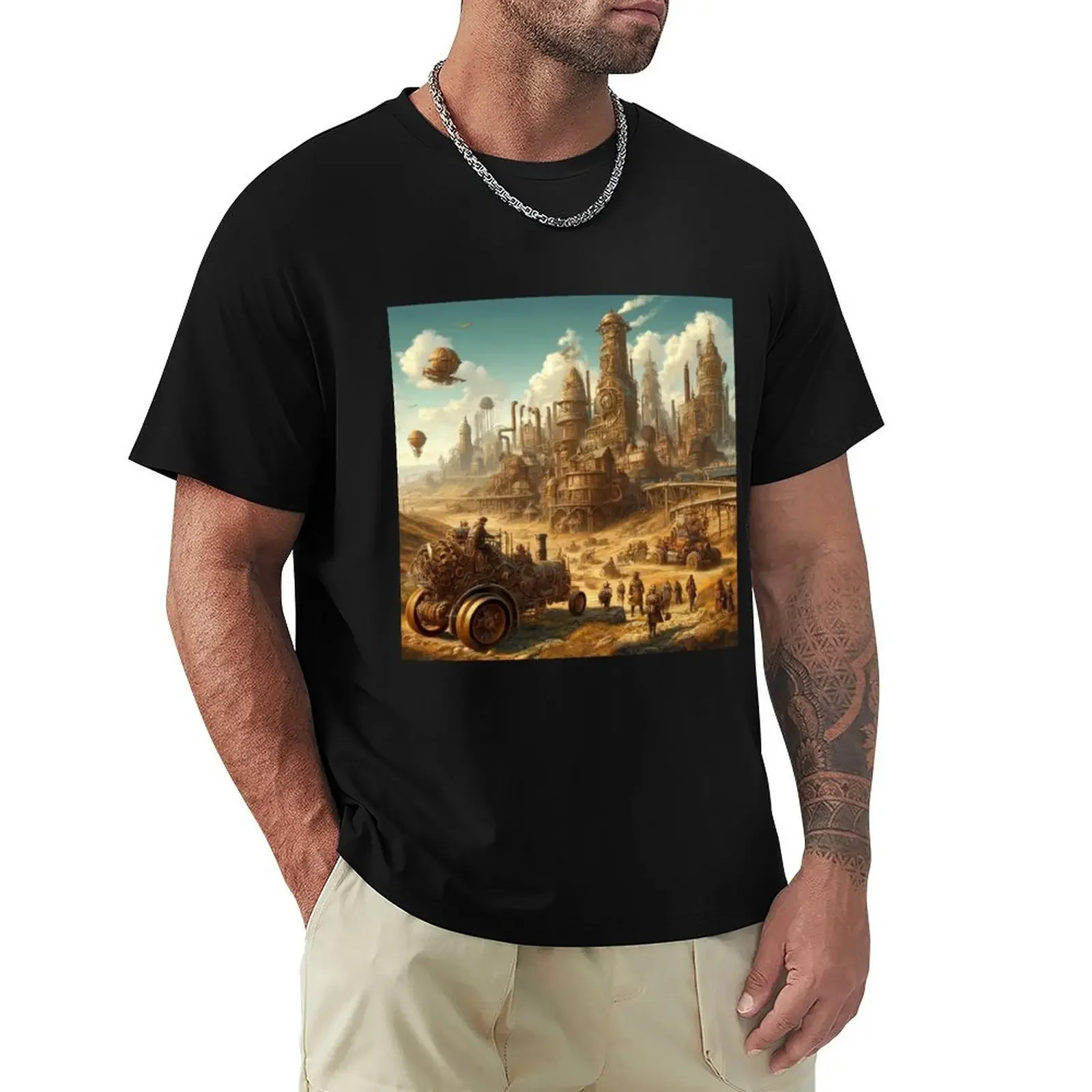 Футболка с изображением дистиопского стимпанка Desert City Scape, хлопковые футболки с рисунком, одежда в стиле хиппи, мужские высокие футболки