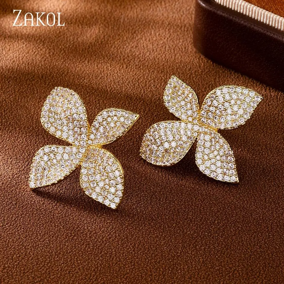 Фото ZAKOL простые темпераментные серьги-гвоздики с кубическим цирконием, медный микронабор, дизайн лепестков, повседневные вечерние ювелирные изделия, подарок для женщин и девочек №2