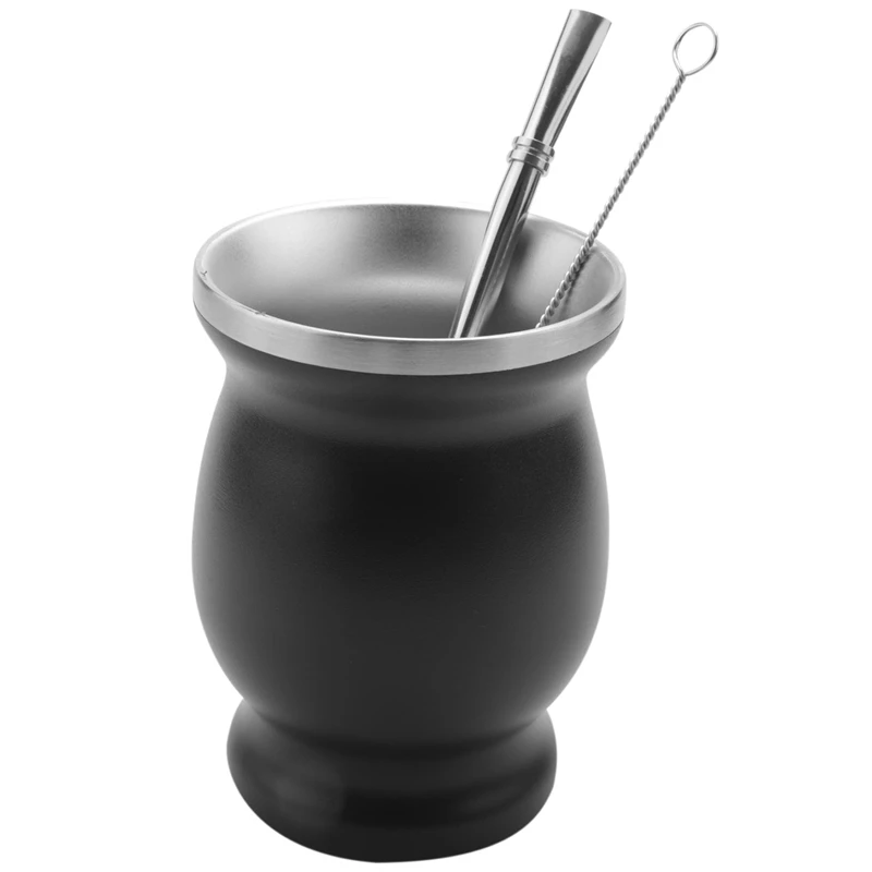 Набор для чая Yerba Gourd Mate из нержавеющей стали с двойными стенками, чашка для кофе, воды, чая с ложкой, соломинкой и щеткой для очистки, 8 унций