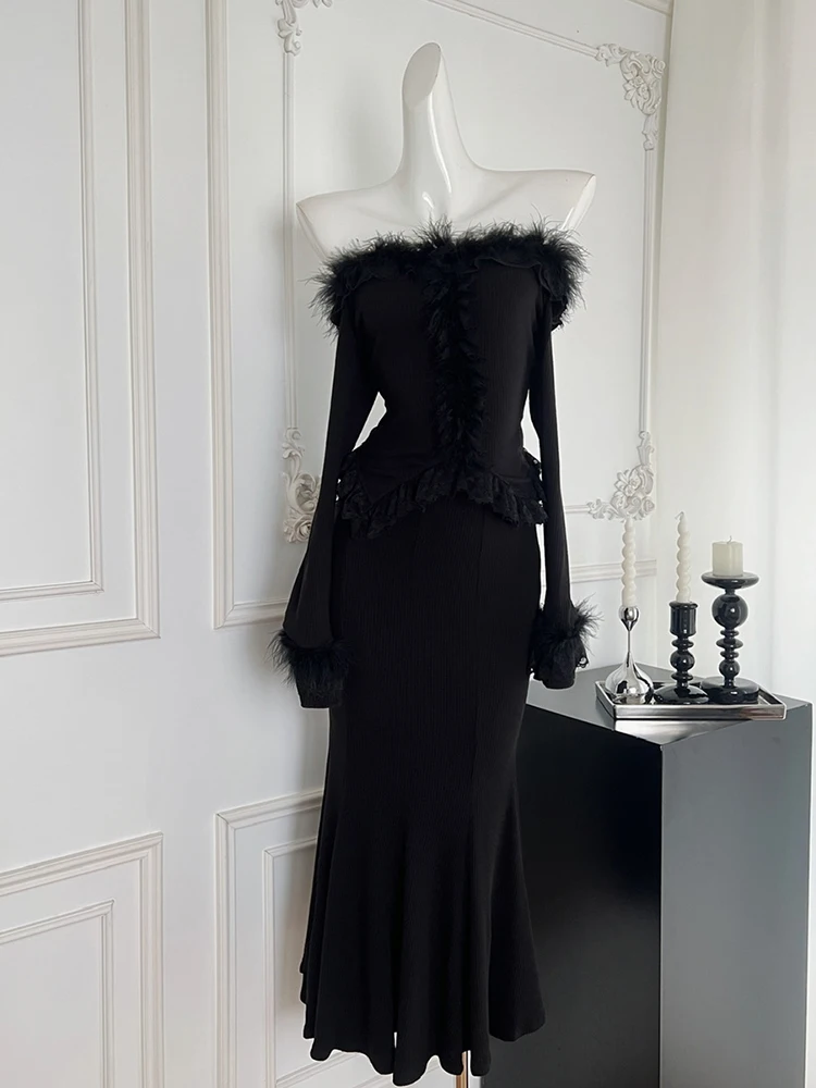 Фото Женский комплект Y2k Coquette Dark Academia 2000-х годов Shoujo Girl Outfits, комплект из 2 предметов, топы с длинными рукавами и разрезом на шее + юбки-миди-трубы-русалки №2