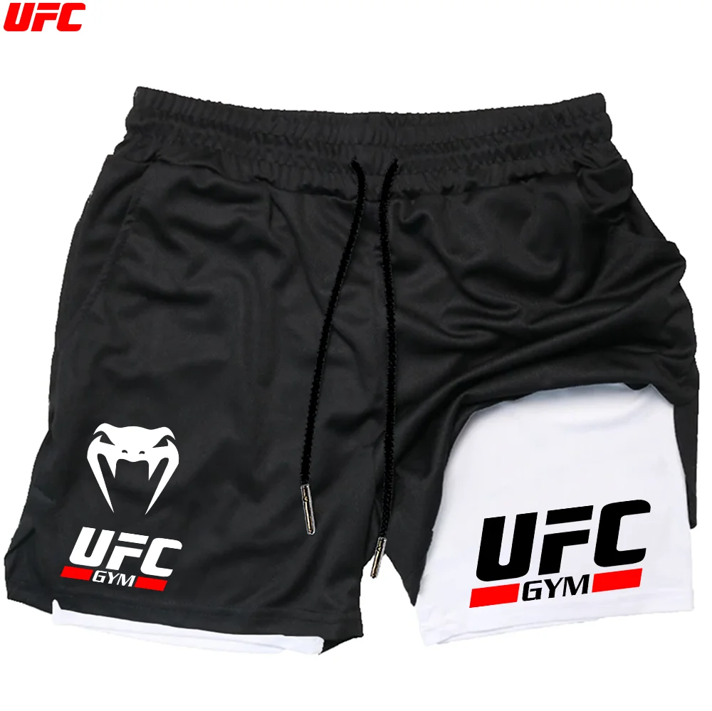 Фото UFC двухэтажные шорты для тренажерного зала, фитнеса, тренировок, шорты для бега, мужская спортивная одежда, компрессионные шорты для бега 2 в 1, мужские шорты №4