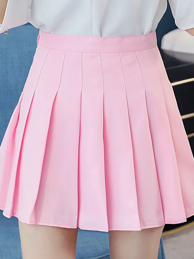Фото Sexy Women Pleated Skirt Summer High Waist Chic A Line Ladies Pink Mini Skirt Korean Zipper Preppy Style Girls Dance Skirt №2