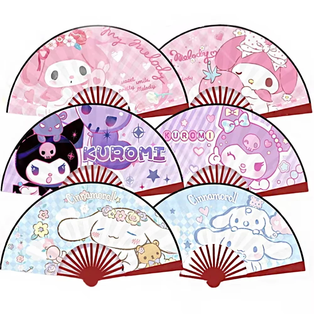 Складной вентилятор с героями мультфильмов Kuromi My Melody Cinnamoroll Складной вентилятор Портативный шелковый веер с деревянным хвостовиком Летние ручные веера