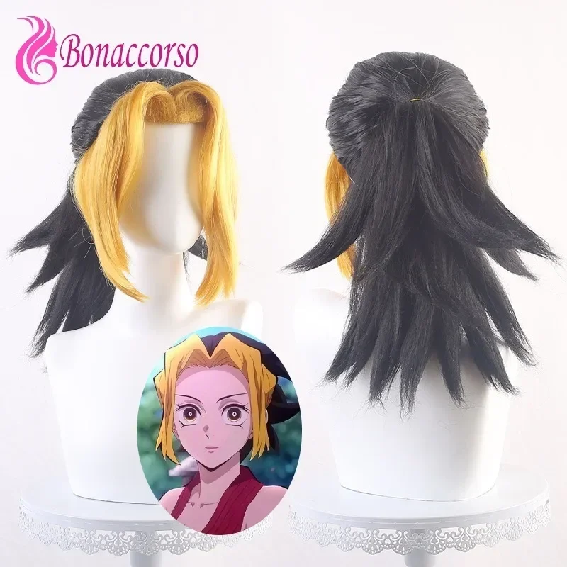 Парик для косплея Demon Slayer Makio, черный, желтый, синтетический короткий вьющийся парик, аниме Coser, милый парик высокого качества для девочек, повседневная вечеринка